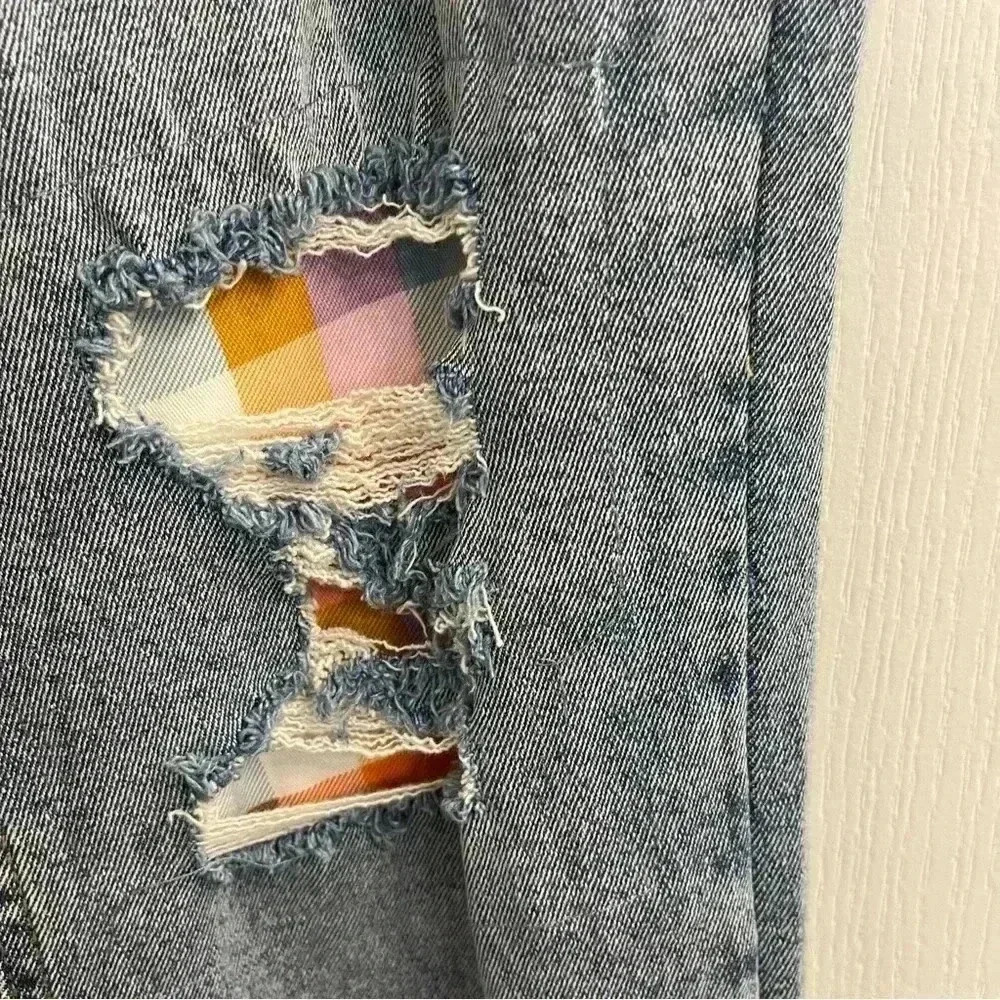 Distressed Denim Jeans with Plaid Print - Picture 5 of 13